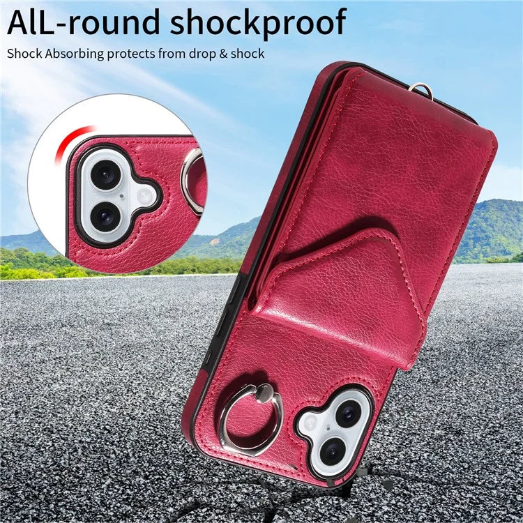 005 For iPhone 16 Plus Case PU Leather Back Cover Card Holder Ring Kickstand