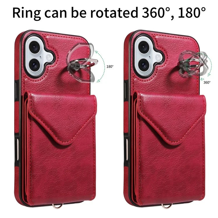 005 For iPhone 16 Plus Case PU Leather Back Cover Card Holder Ring Kickstand