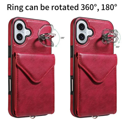 005 For iPhone 16 Plus Case PU Leather Back Cover Card Holder Ring Kickstand