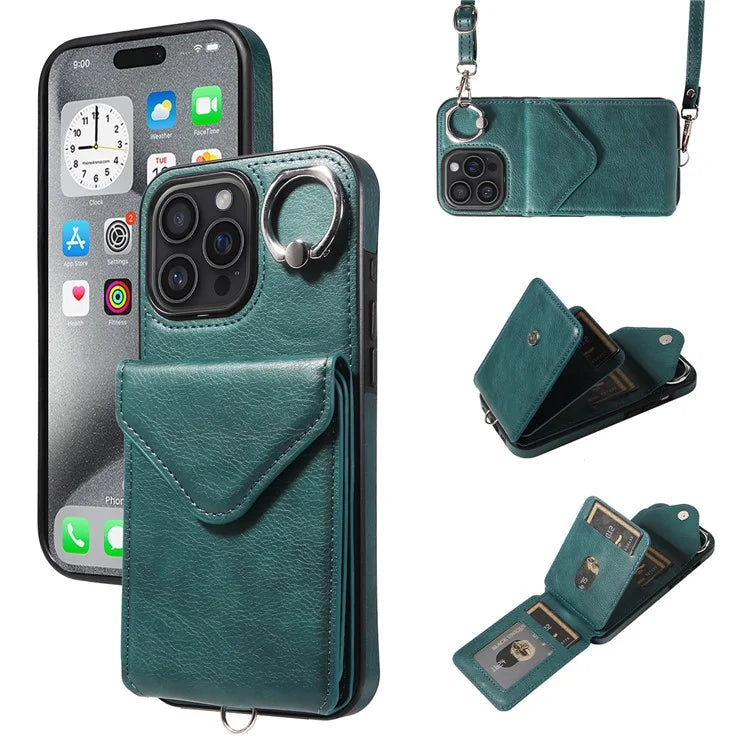 005 For iPhone 16 Pro Max Case PU Leather Back Cover Card Holder Ring Kickstand