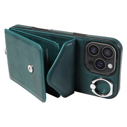 005 For iPhone 16 Pro Max Case PU Leather Back Cover Card Holder Ring Kickstand