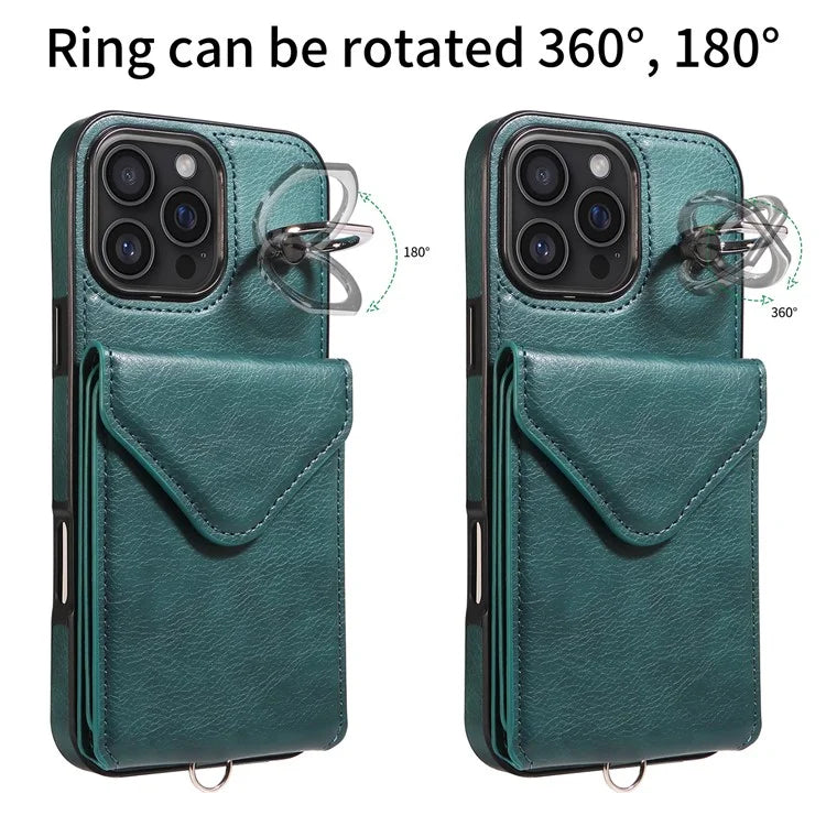 005 For iPhone 16 Pro Max Case PU Leather Back Cover Card Holder Ring Kickstand