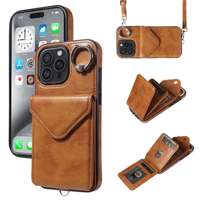 005 For iPhone 16 Pro Max Case PU Leather Back Cover Card Holder Ring Kickstand