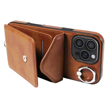 005 For iPhone 16 Pro Max Case PU Leather Back Cover Card Holder Ring Kickstand
