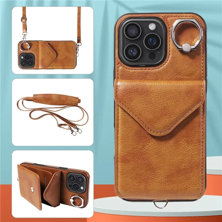 005 For iPhone 16 Pro Max Case PU Leather Back Cover Card Holder Ring Kickstand