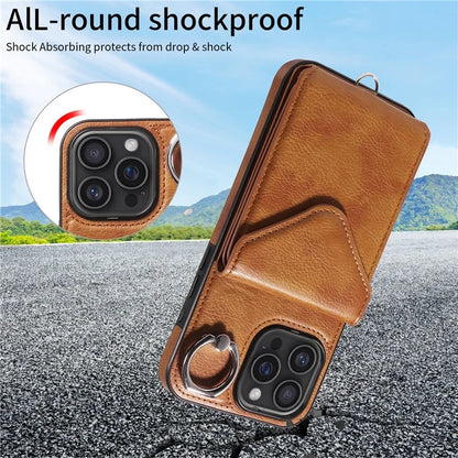 005 For iPhone 16 Pro Max Case PU Leather Back Cover Card Holder Ring Kickstand