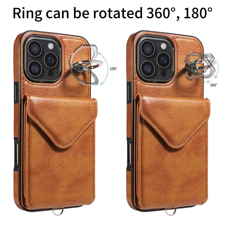 005 For iPhone 16 Pro Max Case PU Leather Back Cover Card Holder Ring Kickstand