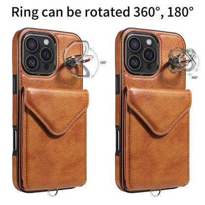 005 For iPhone 16 Pro Max Case PU Leather Back Cover Card Holder Ring Kickstand