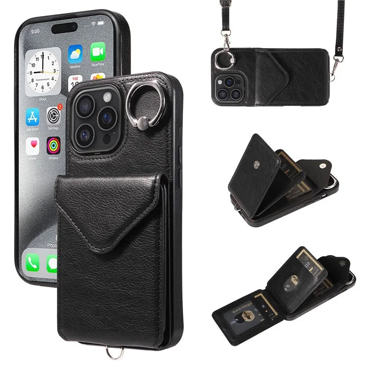 005 For iPhone 16 Pro Max Case PU Leather Back Cover Card Holder Ring Kickstand