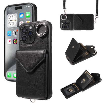 005 For iPhone 16 Pro Max Case PU Leather Back Cover Card Holder Ring Kickstand