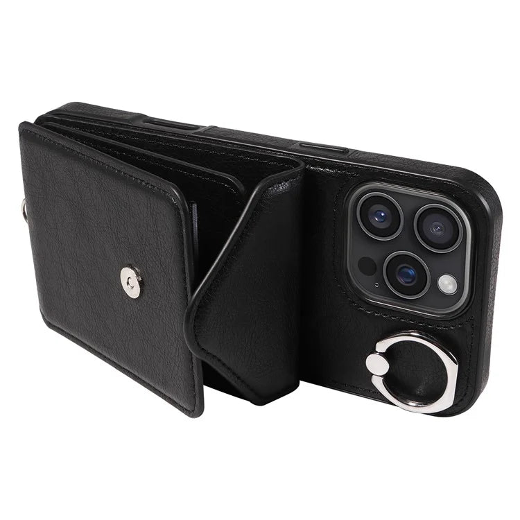 005 For iPhone 16 Pro Max Case PU Leather Back Cover Card Holder Ring Kickstand