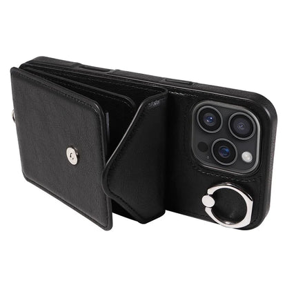 005 For iPhone 16 Pro Max Case PU Leather Back Cover Card Holder Ring Kickstand