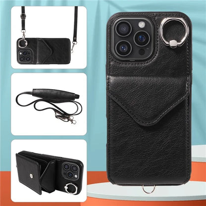 005 For iPhone 16 Pro Max Case PU Leather Back Cover Card Holder Ring Kickstand