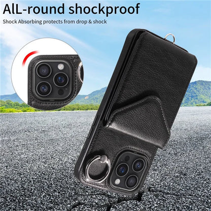 005 For iPhone 16 Pro Max Case PU Leather Back Cover Card Holder Ring Kickstand