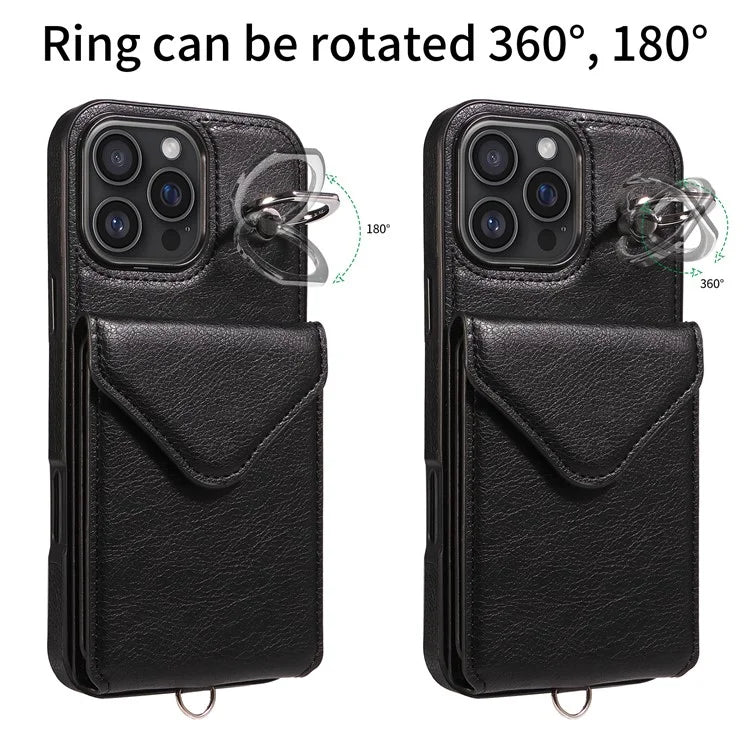 005 For iPhone 16 Pro Max Case PU Leather Back Cover Card Holder Ring Kickstand