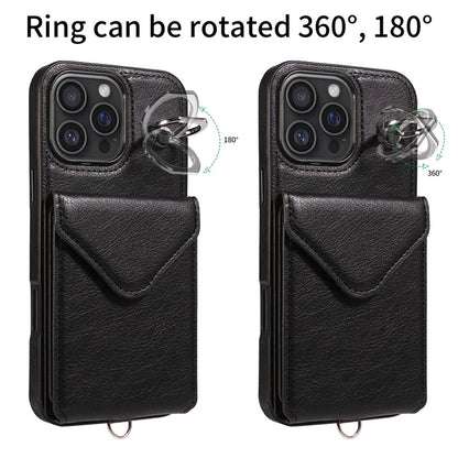 005 For iPhone 16 Pro Max Case PU Leather Back Cover Card Holder Ring Kickstand