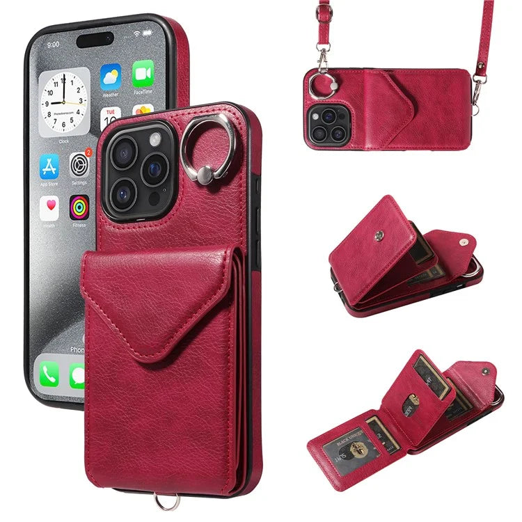 005 For iPhone 16 Pro Max Case PU Leather Back Cover Card Holder Ring Kickstand