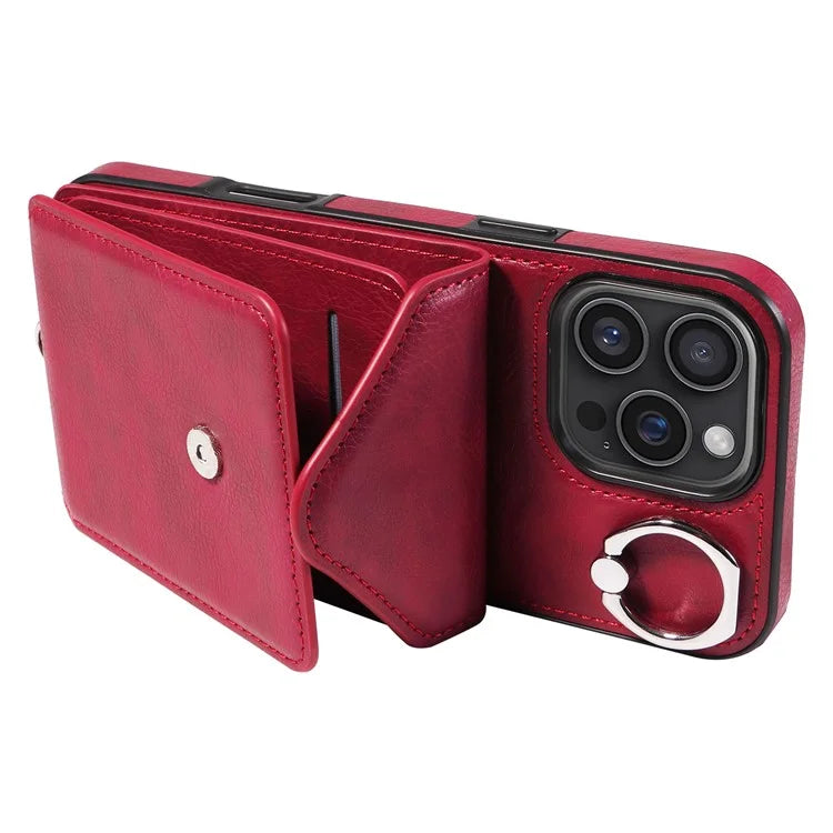 005 For iPhone 16 Pro Max Case PU Leather Back Cover Card Holder Ring Kickstand