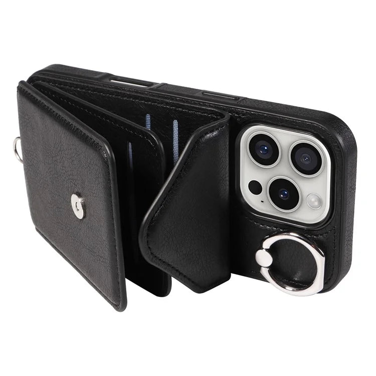 005 For iPhone 16 Pro Case PU Leather Back Cover Card Holder Ring Kickstand