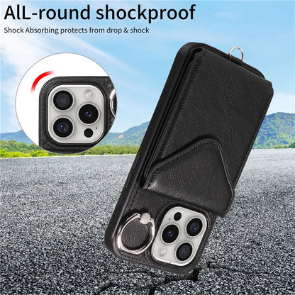 005 For iPhone 16 Pro Case PU Leather Back Cover Card Holder Ring Kickstand