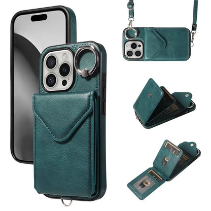 005 For iPhone 16 Pro Case PU Leather Back Cover Card Holder Ring Kickstand