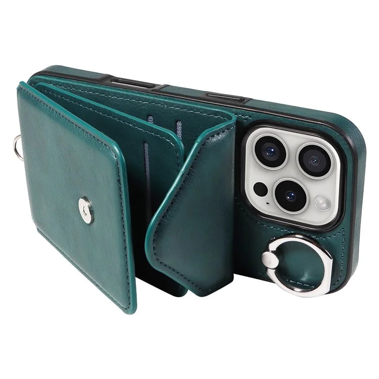 005 For iPhone 16 Pro Case PU Leather Back Cover Card Holder Ring Kickstand