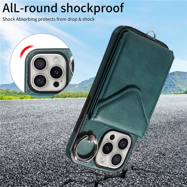 005 For iPhone 16 Pro Case PU Leather Back Cover Card Holder Ring Kickstand