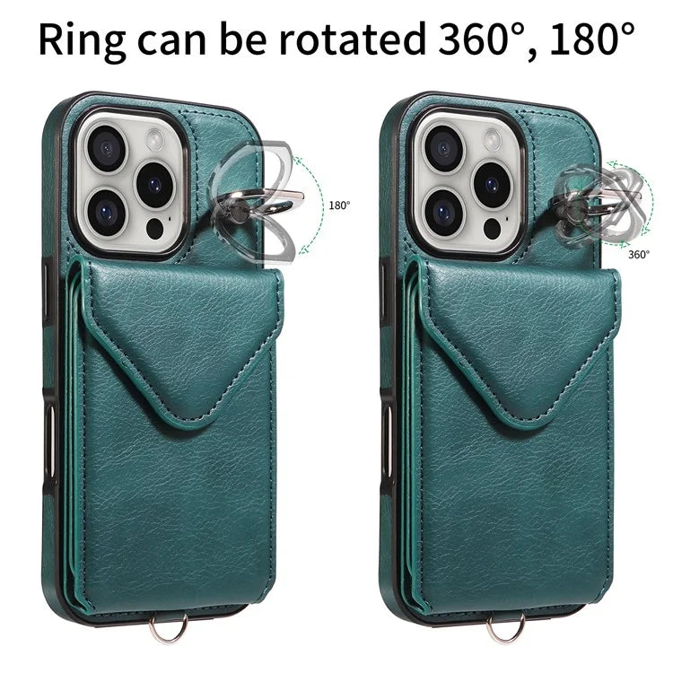 005 For iPhone 16 Pro Case PU Leather Back Cover Card Holder Ring Kickstand