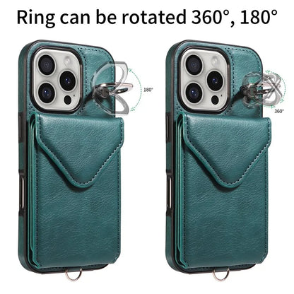 005 For iPhone 16 Pro Case PU Leather Back Cover Card Holder Ring Kickstand