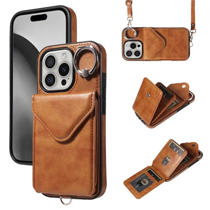 005 For iPhone 16 Pro Case PU Leather Back Cover Card Holder Ring Kickstand