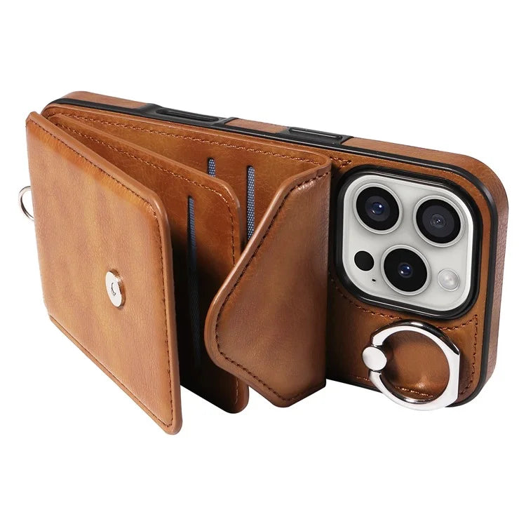 005 For iPhone 16 Pro Case PU Leather Back Cover Card Holder Ring Kickstand