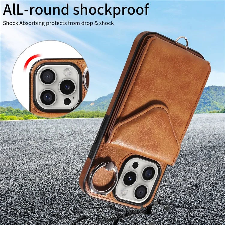 005 For iPhone 16 Pro Case PU Leather Back Cover Card Holder Ring Kickstand