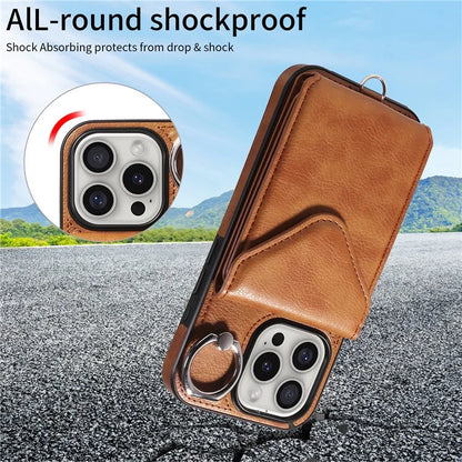 005 For iPhone 16 Pro Case PU Leather Back Cover Card Holder Ring Kickstand