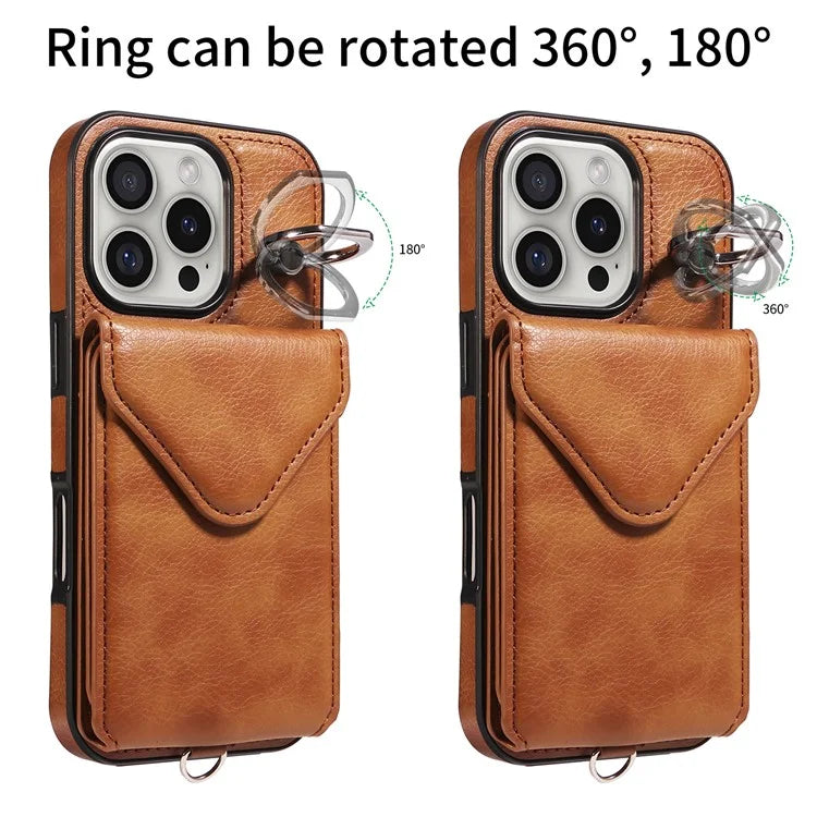 005 For iPhone 16 Pro Case PU Leather Back Cover Card Holder Ring Kickstand