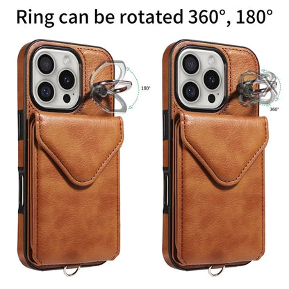 005 For iPhone 16 Pro Case PU Leather Back Cover Card Holder Ring Kickstand