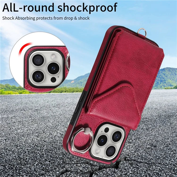 005 For iPhone 16 Pro Case PU Leather Back Cover Card Holder Ring Kickstand