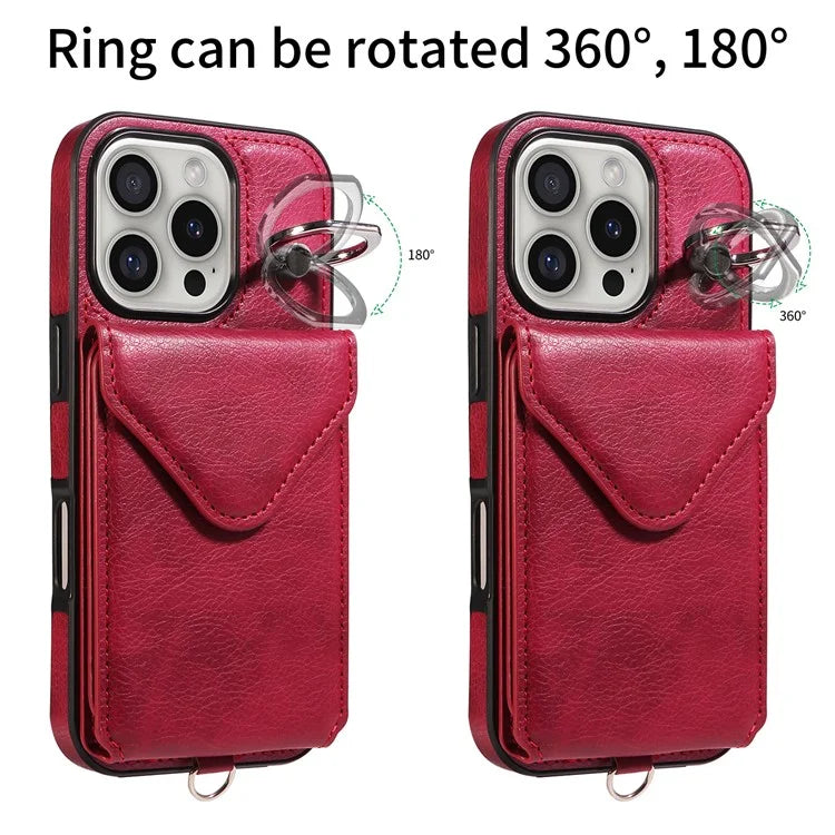 005 For iPhone 16 Pro Case PU Leather Back Cover Card Holder Ring Kickstand