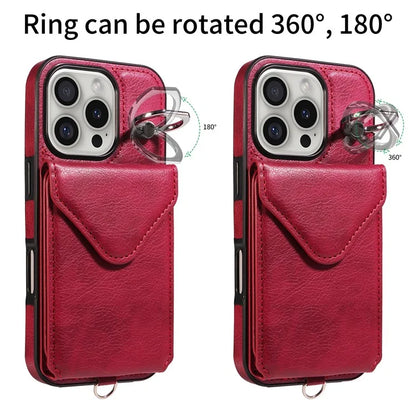 005 For iPhone 16 Pro Case PU Leather Back Cover Card Holder Ring Kickstand