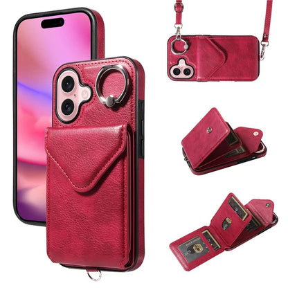 005 For iPhone 16 Case PU Leather Back Cover Card Holder Ring Kickstand