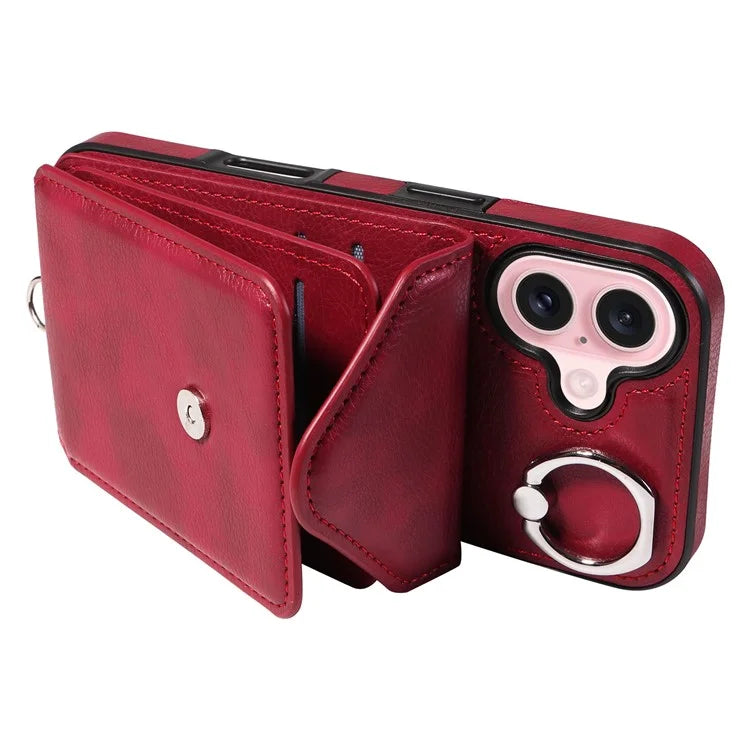 005 For iPhone 16 Case PU Leather Back Cover Card Holder Ring Kickstand