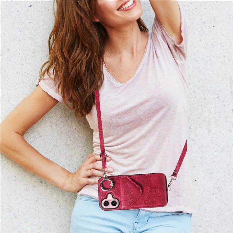 005 For iPhone 16 Case PU Leather Back Cover Card Holder Ring Kickstand