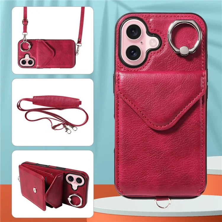 005 For iPhone 16 Case PU Leather Back Cover Card Holder Ring Kickstand