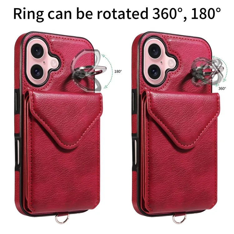 005 For iPhone 16 Case PU Leather Back Cover Card Holder Ring Kickstand