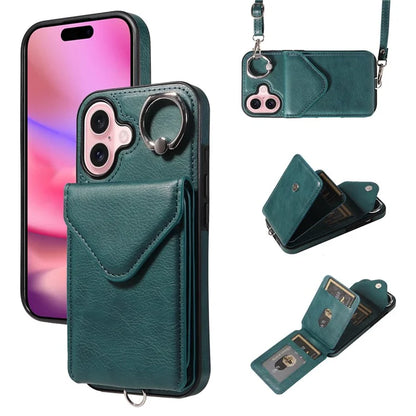 005 For iPhone 16 Case PU Leather Back Cover Card Holder Ring Kickstand