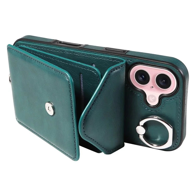 005 For iPhone 16 Case PU Leather Back Cover Card Holder Ring Kickstand