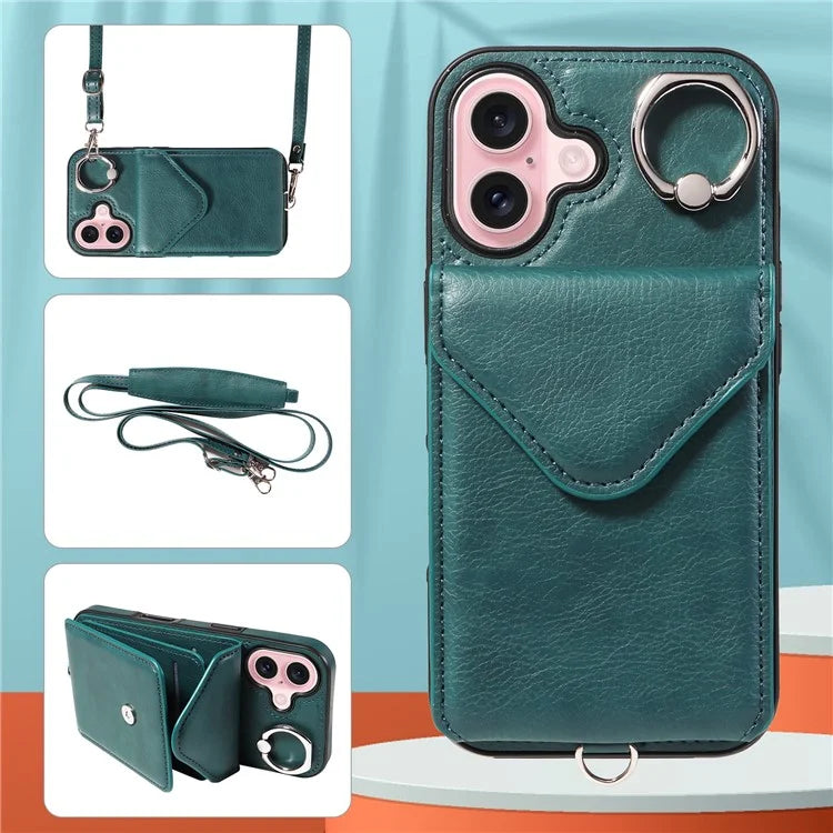 005 For iPhone 16 Case PU Leather Back Cover Card Holder Ring Kickstand