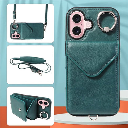 005 For iPhone 16 Case PU Leather Back Cover Card Holder Ring Kickstand