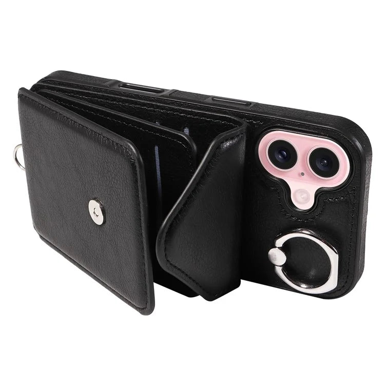 005 For iPhone 16 Case PU Leather Back Cover Card Holder Ring Kickstand