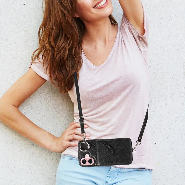 005 For iPhone 16 Case PU Leather Back Cover Card Holder Ring Kickstand