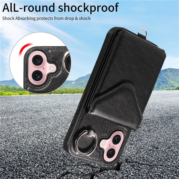 005 For iPhone 16 Case PU Leather Back Cover Card Holder Ring Kickstand